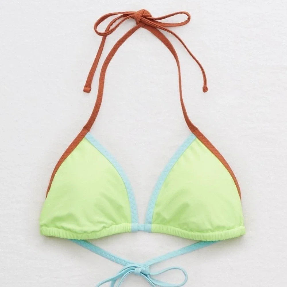 Aerie Colorblock Bikini Set Neon Lime Green XS Triangle Top Coral Pink S Bottoms